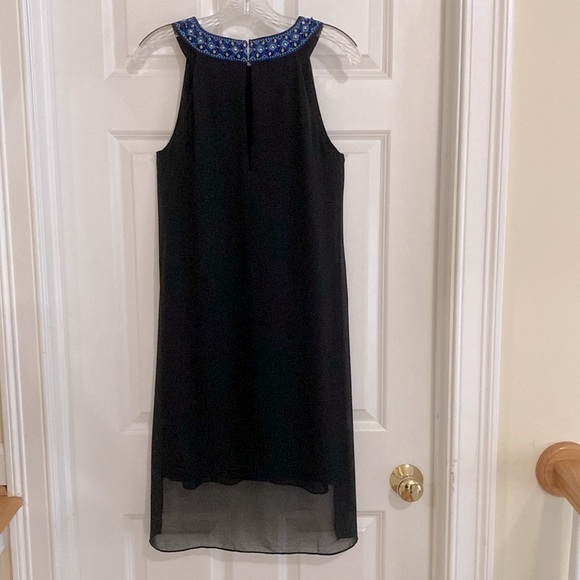 WHBM HI-LOW DRESS. SIZE 6. BLACK WITH BLUE EMBELLISHMENT AT NECKLINE. WORN ONCE! - Picture 2 of 8